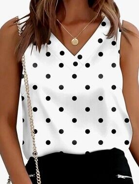 Women's Black & White Polka Dot Silk Satin Camisole Tan Tops V Neck Casual